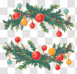 Christmas Balls On A Branch - Festive Christmas Garland With Ornaments Transparent PNG