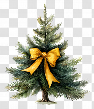 Watercolor Christmas Tree - Decorated Christmas Tree With Yellow Ribbon Transparent PNG