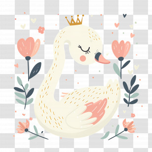 Cute Swan - Crowned Swan Surrounded By Floral Elements Transparent PNG