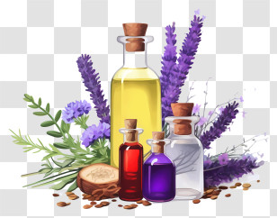 Essential Oils - Essential Oil Bottles With Lavender And Aromatic Herbs Transparent PNG