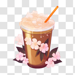 Bubble Milk Tea - Artistic Coffee Cup With Floral Accents Transparent PNG