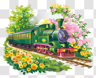 Spring Field - Green Train In A Flower Garden Transparent PNG
