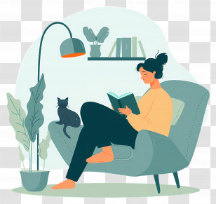 Reading Books - Woman Reading With Black Cat In A Cozy Scene Transparent PNG