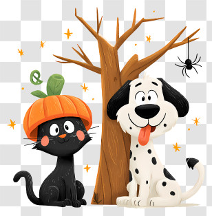 Halloween Dog Cat - Black Cat And Dog With Pumpkin Hat Transparent PNG