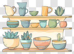 Ceramic Bowls And Plants On Shelves - Ceramic Bowls And Plants On Shelves Transparent PNG