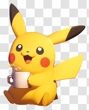 Pikachu - Cute Pikachu Enjoying Coffee Transparent PNG