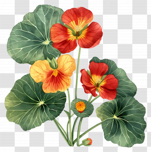 Vintage Flowers - Bright Nasturtium Flowers With Leaves Transparent PNG
