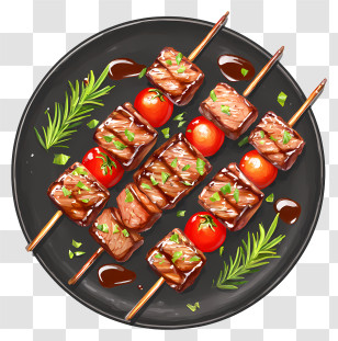 Grilled Meat - Glazed Beef Skewers On Black Plate Transparent PNG