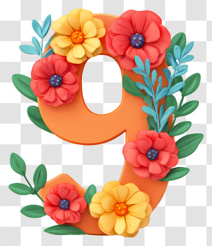 Number 9 Flowers - Floral Number 9 With Colorful Flowers Transparent PNG