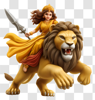 Durga Maa - Warrior Woman Riding Lion Transparent PNG