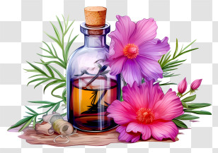 Isometric Style - Bottle With Essential Oils And Decorative Flowers Transparent PNG