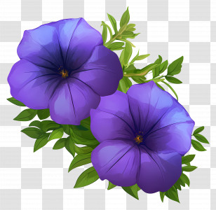 Purple Petunias - Two Purple Flowers With Green Leaves Transparent PNG