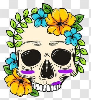 Halloween Skull Flowers - Decorative Skull With Flowers And Leaves Transparent PNG