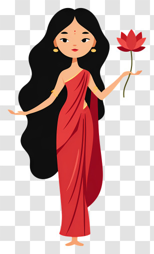 Lakshmi - Smiling Woman In Red Sari With Lotus Transparent PNG