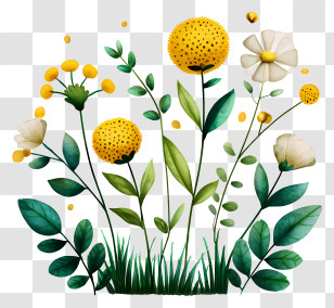 Summer Watercolor - Yellow Flowers And Greenery Transparent PNG