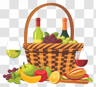 Picnic Basket - Picnic Basket With Fruits, Wine, And Bread Illustration Transparent PNG