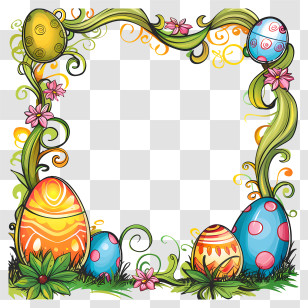 Easter Day Frame - Colorful Easter Decorative Frame With Eggs And Flowers Transparent PNG