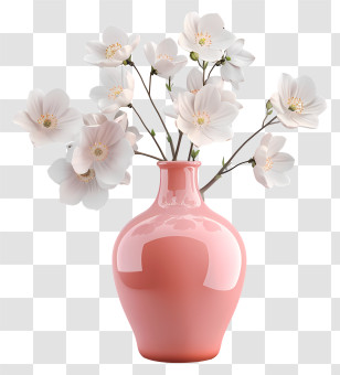 Vase With Flowers - Elegant Pink Vase With White Floral Arrangement Transparent PNG