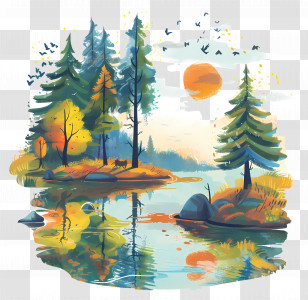 Summer Background - Peaceful Forest At Sunset With Lake Reflection Transparent PNG