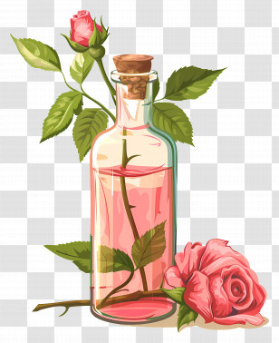 Rose Oil - Pink Rose And Glass Bottle Watercolor Illustration Transparent PNG