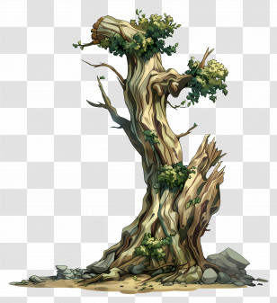 Tree Trunk - Old Tree With Greenery In Cartoon Style Transparent PNG