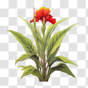 Canna Indica - Red Hibiscus Flower With Green Leaves Transparent PNG