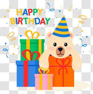 Gift - Birthday Bear With Gifts And Party Hat Transparent PNG