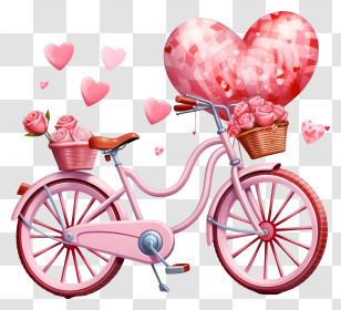 Bicycle With Roses - Romantic Pink Bicycle With Heart Balloon Transparent PNG