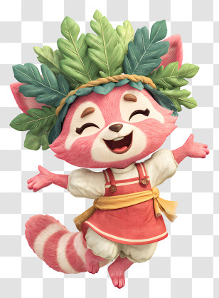 Raccoon Girl Mascot - Joyful Pink Red Panda With Leaf Crown Transparent PNG
