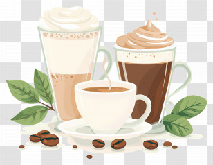 Cappuccino Coffee - Illustration Of Coffee Drinks And Leaves Transparent PNG