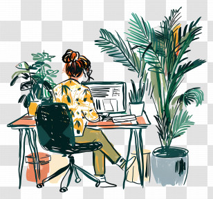 Cartoon Woman Working - Woman Working At A Desk Surrounded By Plants Transparent PNG