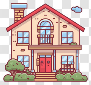 Two Story House - Cartoon Beige House With Red Roof And Green Bushes Transparent PNG