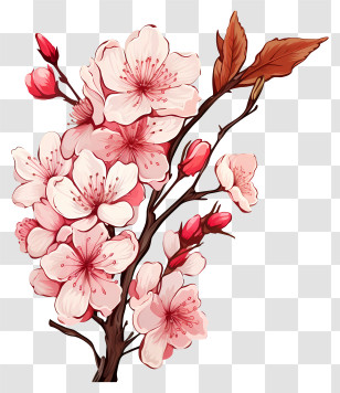 Doodle Style Cherry Branch Blossom - Stylized Floral Branch With Cherry Blossoms Transparent PNG