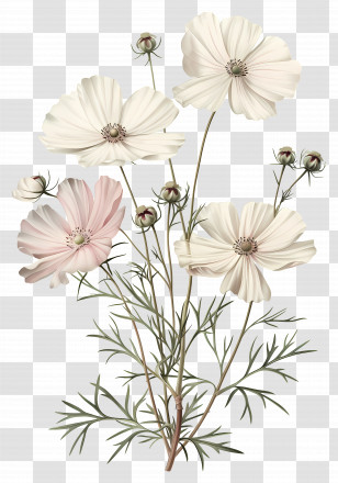 Vintage Flowers - White And Pink Cosmos Botanical Illustration Transparent PNG