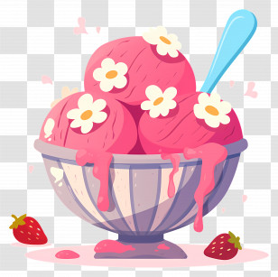 National Sundae Day - Strawberry Ice Cream Bowl With Floral Toppings Transparent PNG
