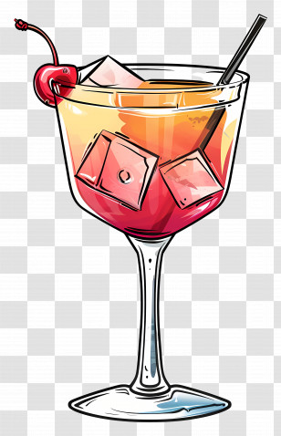 Tropical Alcoholic Cocktail - Cocktail Glass With Ice Cubes And Cherry Decor Transparent PNG