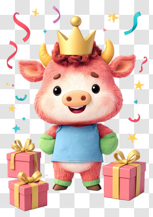 Cow Mascot Celebrating Birthday - Cute Pink Ox With Crown Transparent PNG