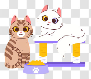 Cats At Table - Two Cute Cats With Food Bowl Transparent PNG