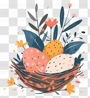 Easter Eggs In A Nest - Easter Eggs In A Nest With Spring Flowers Transparent PNG