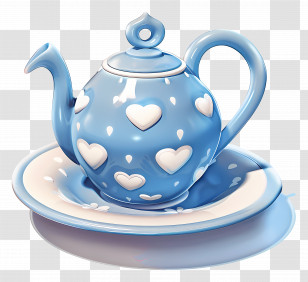 Blue Teapot - Blue Heart Patterned Teapot And Plate Transparent PNG
