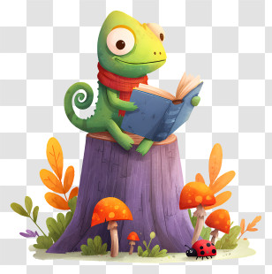 Chameleon Reading Book - Chameleon Reading On Tree Stump Transparent PNG