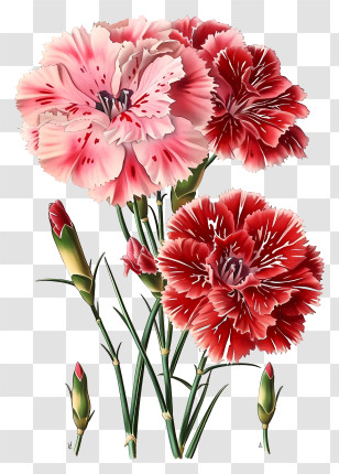 Flat Elegant Dianthus Flower - Beautiful Pink And Red Carnations Illustration Transparent PNG