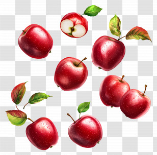 Falling Apples - Collection Of Fresh Red Apples With Leaves Transparent PNG