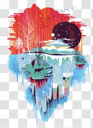 Printed T-shirt Sleeve Top - Blue - Vector Watercolor Landscape Transparent PNG