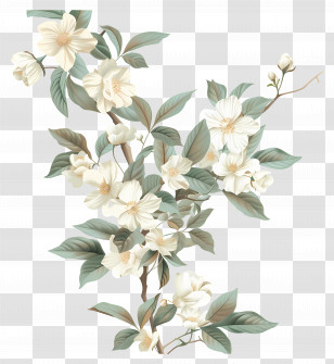 Cream Flowers - White Jasmine Flowers On Branch Illustration Transparent PNG