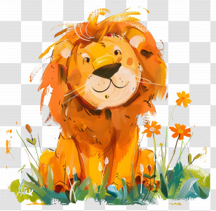 Lion - Cheerful Cartoon Lion In Meadow Transparent PNG