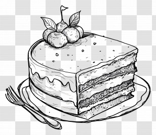 Cake Drawing - Black And White Cake Slice With Cherries Transparent PNG