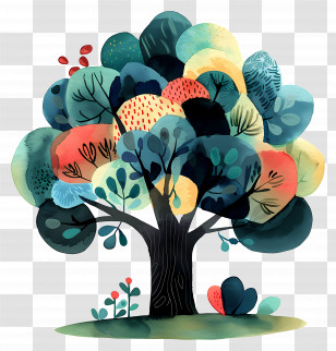 Cartoon Tree - Abstract Colorful Tree With Artistic Leaves Transparent PNG