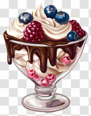Ice Cream Sundae - Delicious Ice Cream Sundae With Berries And Chocolate Transparent PNG