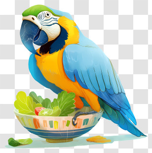 Blue Macaw - Colorful Parrot With A Bowl Of Salad Transparent PNG